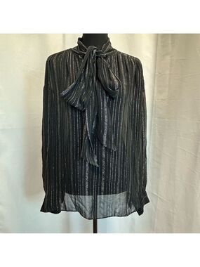 Zara ZW Collection black silver metallic thread chiffon blouse neck tie Sz M NWT